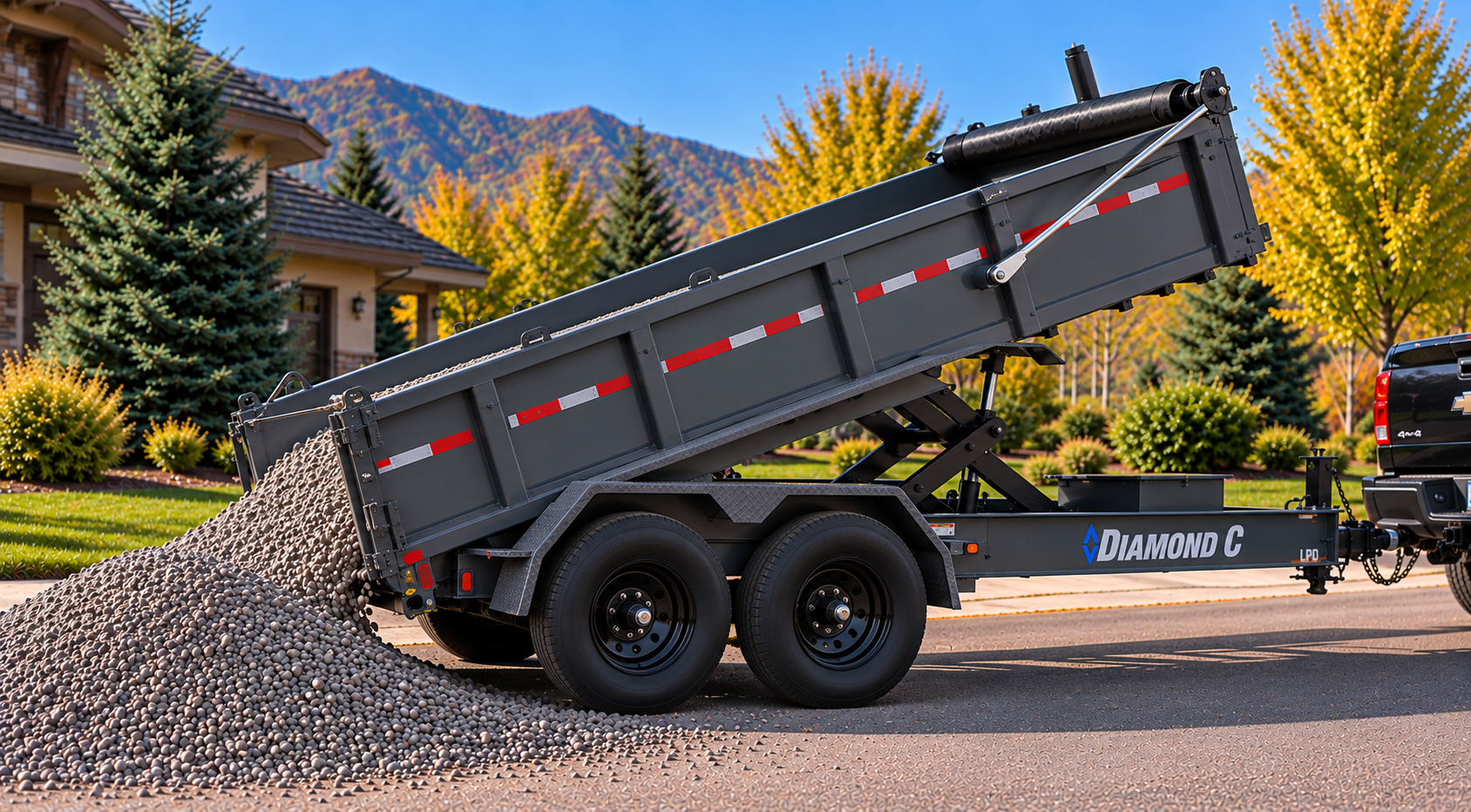 Gray Diamond C dump trailer unloading gravel on a residential street with autumn trees and Utah mountains